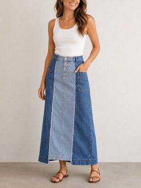 Ray Beams Womens Size 0 Denim Maxi Skirt Asymmetrical Mixed‎ Two tone 90s Y2K